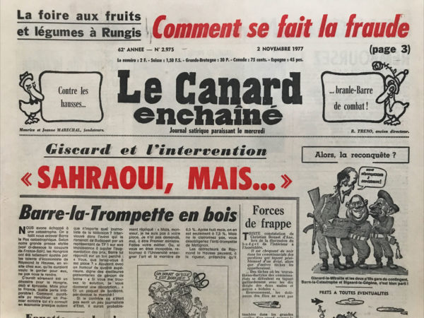 Couac ! | N° 2975 du Canard Enchaîné - 2 Novembre 1977 | Nos Exemplaires du Canard Enchaîné sont archivés dans de bonnes conditions de conservation (obscurité, hygrométrie maitrisée et faible température), ce qui s'avère indispensable pour des journaux anciens. | 2975