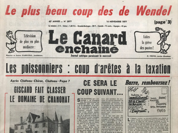 Couac ! | N° 2977 du Canard Enchaîné - 16 Novembre 1977 | Nos Exemplaires du Canard Enchaîné sont archivés dans de bonnes conditions de conservation (obscurité, hygrométrie maitrisée et faible température), ce qui s'avère indispensable pour des journaux anciens. | 2977