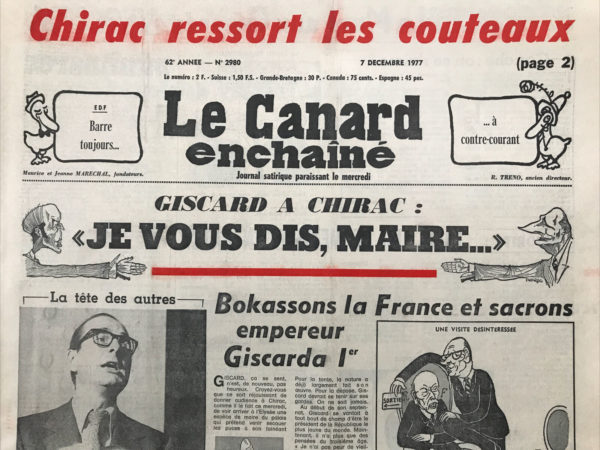 Couac ! | N° 2980 du Canard Enchaîné - 7 Décembre 1977 | Nos Exemplaires du Canard Enchaîné sont archivés dans de bonnes conditions de conservation (obscurité, hygrométrie maitrisée et faible température), ce qui s'avère indispensable pour des journaux anciens. | 2980