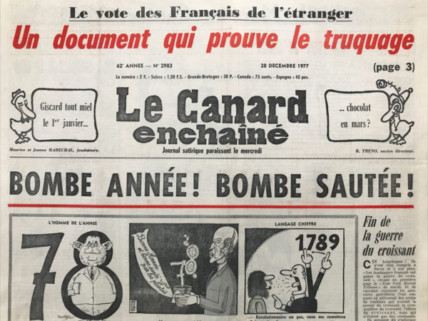 Couac ! | N° 2983 du Canard Enchaîné - 28 Décembre 1977 | Nos Exemplaires du Canard Enchaîné sont archivés dans de bonnes conditions de conservation (obscurité, hygrométrie maitrisée et faible température), ce qui s'avère indispensable pour des journaux anciens. | 2983