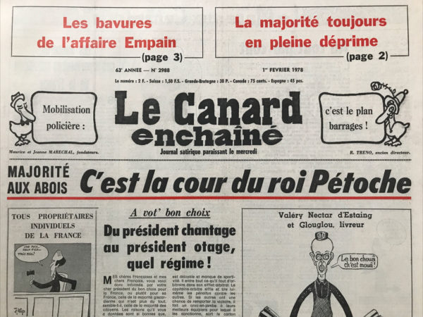 Couac ! | N° 2988 du Canard Enchaîné - 1 Février 1978 | Nos Exemplaires du Canard Enchaîné sont archivés dans de bonnes conditions de conservation (obscurité, hygrométrie maitrisée et faible température), ce qui s'avère indispensable pour des journaux anciens. | 2988