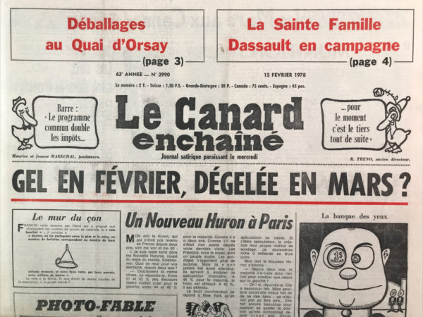 Couac ! | N° 2990 du Canard Enchaîné - 15 Février 1978 | Nos Exemplaires du Canard Enchaîné sont archivés dans de bonnes conditions de conservation (obscurité, hygrométrie maitrisée et faible température), ce qui s'avère indispensable pour des journaux anciens. | 2990