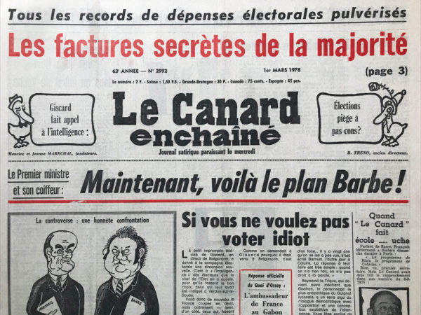 Couac ! | N° 2992 du Canard Enchaîné - 1 Mars 1978 | Nos Exemplaires du Canard Enchaîné sont archivés dans de bonnes conditions de conservation (obscurité, hygrométrie maitrisée et faible température), ce qui s'avère indispensable pour des journaux anciens. | 2992