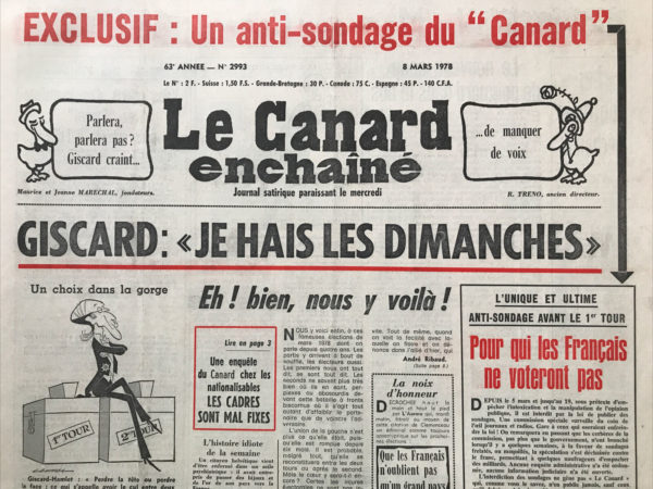 Couac ! | N° 2993 du Canard Enchaîné - 8 Mars 1978 | Nos Exemplaires du Canard Enchaîné sont archivés dans de bonnes conditions de conservation (obscurité, hygrométrie maitrisée et faible température), ce qui s'avère indispensable pour des journaux anciens. | 2993