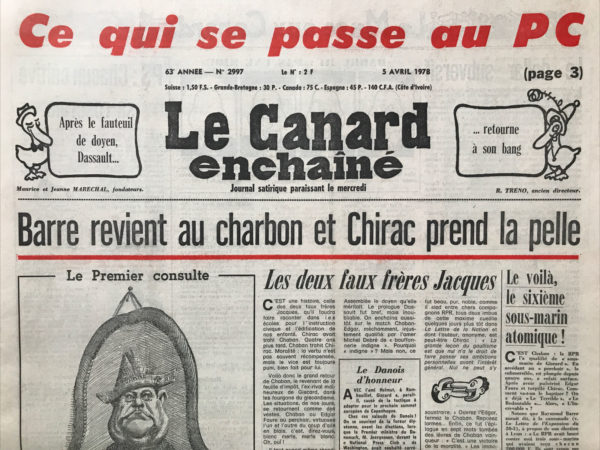 Couac ! | N° 2997 du Canard Enchaîné - 5 Avril 1978 | Nos Exemplaires du Canard Enchaîné sont archivés dans de bonnes conditions de conservation (obscurité, hygrométrie maitrisée et faible température), ce qui s'avère indispensable pour des journaux anciens. | 2997