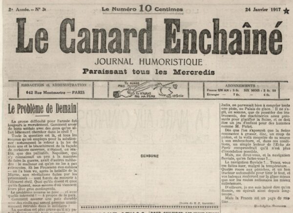 Couac ! | N° 30 du Canard Enchaîné - 24 Janvier 1917 | Nos Exemplaires du Canard Enchaîné sont archivés dans de bonnes conditions de conservation (obscurité, hygrométrie maitrisée et faible température), ce qui s'avère indispensable pour des journaux anciens. | 30 4