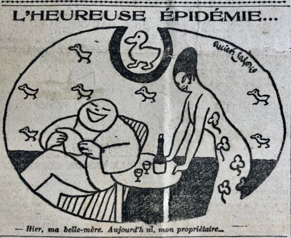 Couac ! | N° 122 du Canard Enchaîné - 30 Octobre 1918 | Peu avant l’armistice, depuis Juillet 1918, le “canard” ironise avec cette grippe que finalement, ni les Pyrénées ni les douaniers n’auront réussi à contenir, précisant que Louis XIV aurait mieux fait de ne pas “supprimer” les Pyrénées. La grippe espagnole fera 50 millions de victimes en deux ans. Guillaume Apollinaire, déjà salué par le “Canard”, en meurt le 9 Novembre 1918. Au café, par Henri Béraud - Scène dans un café avec Maurras, Barrès, Daudet et Hervé débattant autour d'une Paix prochaine... | 30 octobre grippe