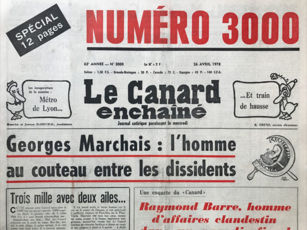 Couac ! | N° 3000 du Canard Enchaîné - 26 Avril 1978 | Nos Exemplaires du Canard Enchaîné sont archivés dans de bonnes conditions de conservation (obscurité, hygrométrie maitrisée et faible température), ce qui s'avère indispensable pour des journaux anciens. | 3000