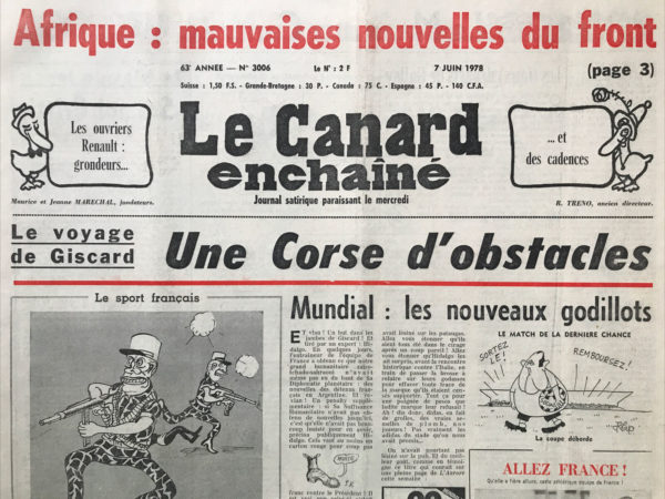 Couac ! | N° 3006 du Canard Enchaîné - 7 Juin 1978 | Nos Exemplaires du Canard Enchaîné sont archivés dans de bonnes conditions de conservation (obscurité, hygrométrie maitrisée et faible température), ce qui s'avère indispensable pour des journaux anciens. | 3006