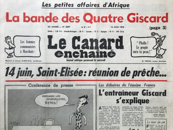 Couac ! | N° 3007 du Canard Enchaîné - 14 Juin 1978 | Nos Exemplaires du Canard Enchaîné sont archivés dans de bonnes conditions de conservation (obscurité, hygrométrie maitrisée et faible température), ce qui s'avère indispensable pour des journaux anciens. | 3007