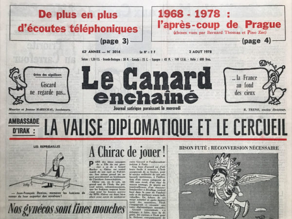 Couac ! | N° 3014 du Canard Enchaîné - 2 Août 1978 | Nos Exemplaires du Canard Enchaîné sont archivés dans de bonnes conditions de conservation (obscurité, hygrométrie maitrisée et faible température), ce qui s'avère indispensable pour des journaux anciens. | 3014