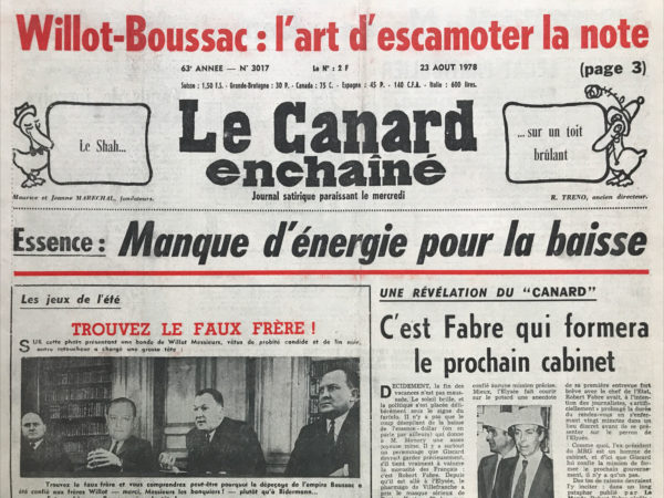 Couac ! | N° 3017 du Canard Enchaîné - 23 Août 1978 | Nos Exemplaires du Canard Enchaîné sont archivés dans de bonnes conditions de conservation (obscurité, hygrométrie maitrisée et faible température), ce qui s'avère indispensable pour des journaux anciens. | 3017