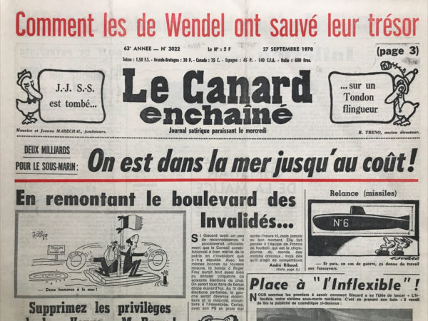 Couac ! | N° 3022 du Canard Enchaîné - 27 Septembre 1978 | Nos Exemplaires du Canard Enchaîné sont archivés dans de bonnes conditions de conservation (obscurité, hygrométrie maitrisée et faible température), ce qui s'avère indispensable pour des journaux anciens. | 3022