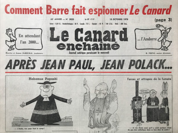 Couac ! | N° 3025 du Canard Enchaîné - 18 Octobre 1978 | Nos Exemplaires du Canard Enchaîné sont archivés dans de bonnes conditions de conservation (obscurité, hygrométrie maitrisée et faible température), ce qui s'avère indispensable pour des journaux anciens. | 3025