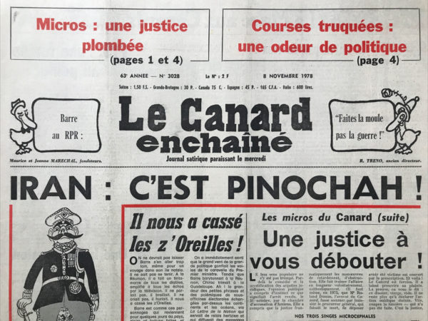 Couac ! | N° 3028 du Canard Enchaîné - 8 Novembre 1978 | Nos Exemplaires du Canard Enchaîné sont archivés dans de bonnes conditions de conservation (obscurité, hygrométrie maitrisée et faible température), ce qui s'avère indispensable pour des journaux anciens. | 3028