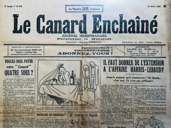 Couac ! | N° 303 du Canard Enchaîné - 19 Avril 1922 | Nos Exemplaires du Canard Enchaîné sont archivés dans de bonnes conditions de conservation (obscurité, hygrométrie maitrisée et faible température), ce qui s'avère indispensable pour des journaux anciens. | 303 rotated