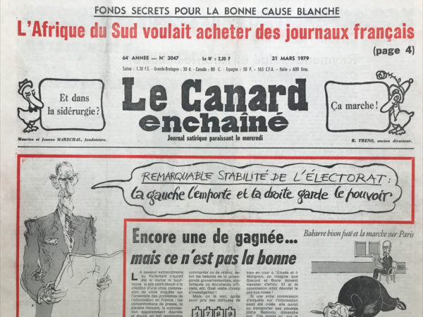 Couac ! | N° 3047 du Canard Enchaîné - 21 Mars 1979 | Nos Exemplaires du Canard Enchaîné sont archivés dans de bonnes conditions de conservation (obscurité, hygrométrie maitrisée et faible température), ce qui s'avère indispensable pour des journaux anciens. | 3047