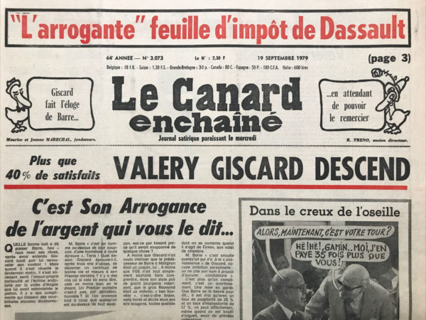 Couac ! | N° 3073 du Canard Enchaîné - 19 Septembre 1979 | "L'arrogante feuille d'impôt de Dassault" - Le Canard publie sa feuille d'impôt. Il perçoit en 1978 24 millions de francs. Le document est cocasse, Dassault ne s'attribue aucun salaire des entreprises aéronautiques qu'il détient, mais s'accorde un revenu annuel de 54 millions de centimes au titre de rédacteur en chef de Jours de France - Plus que 40% de satisfaits, Valery Giscard descend - | 3073