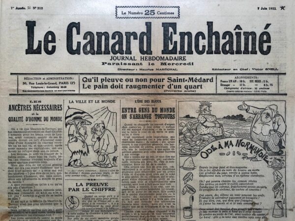 Couac ! | N° 310 du Canard Enchaîné - 7 Juin 1922 | Nos Exemplaires du Canard Enchaîné sont archivés dans de bonnes conditions de conservation (obscurité, hygrométrie maitrisée et faible température), ce qui s'avère indispensable pour des journaux anciens. | 310