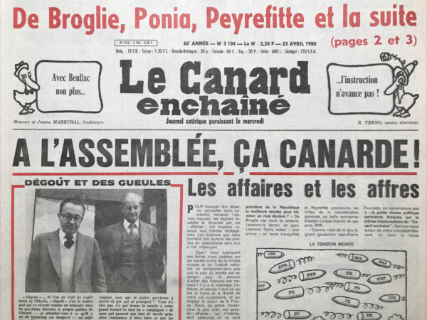 Couac ! | N° 3104 du Canard Enchaîné - 23 Avril 1980 | Nos Exemplaires du Canard Enchaîné sont archivés dans de bonnes conditions de conservation (obscurité, hygrométrie maitrisée et faible température), ce qui s'avère indispensable pour des journaux anciens. | 3104