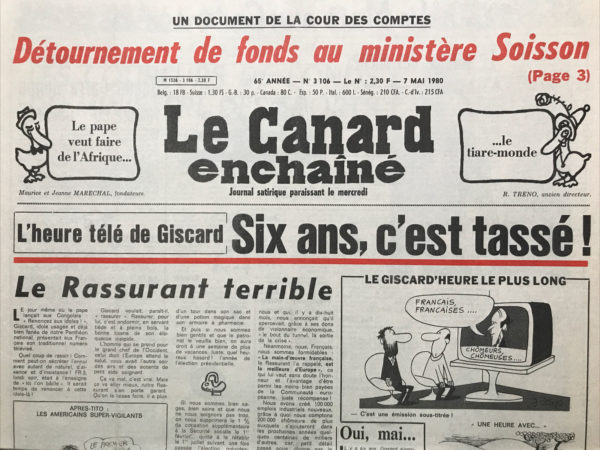 Couac ! | N° 3106 du Canard Enchaîné - 7 Mai 1980 | Nos Exemplaires du Canard Enchaîné sont archivés dans de bonnes conditions de conservation (obscurité, hygrométrie maitrisée et faible température), ce qui s'avère indispensable pour des journaux anciens. | 3106