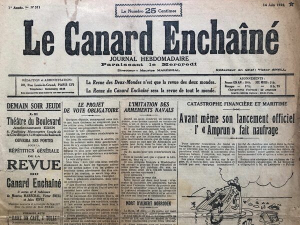 Couac ! | N° 311 du Canard Enchaîné - 14 Juin 1922 | Nos Exemplaires du Canard Enchaîné sont archivés dans de bonnes conditions de conservation (obscurité, hygrométrie maitrisée et faible température), ce qui s'avère indispensable pour des journaux anciens. | 311