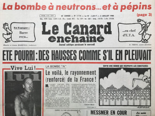 Couac ! | N° 3114 du Canard Enchaîné - 2 Juillet 1980 | Nos Exemplaires du Canard Enchaîné sont archivés dans de bonnes conditions de conservation (obscurité, hygrométrie maitrisée et faible température), ce qui s'avère indispensable pour des journaux anciens. | 3114