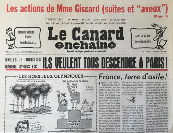 Couac ! | N° 3117 du Canard Enchaîné - 23 Juillet 1980 | Nos Exemplaires du Canard Enchaîné sont archivés dans de bonnes conditions de conservation (obscurité, hygrométrie maitrisée et faible température), ce qui s'avère indispensable pour des journaux anciens. | 3117