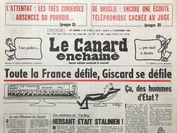 Couac ! | N° 3128 du Canard Enchaîné - 8 Octobre 1980 | Affaire de Broglie - Nouvelle écoute téléphonique révélée par le "Canard" - | 3128