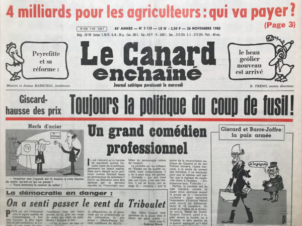 Couac ! | N° 3135 du Canard Enchaîné - 26 Novembre 1980 | Nos Exemplaires du Canard Enchaîné sont archivés dans de bonnes conditions de conservation (obscurité, hygrométrie maitrisée et faible température), ce qui s'avère indispensable pour des journaux anciens. | 3135