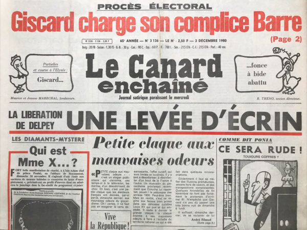 Couac ! | N° 3136 du Canard Enchaîné - 3 Décembre 1980 | Nos Exemplaires du Canard Enchaîné sont archivés dans de bonnes conditions de conservation (obscurité, hygrométrie maitrisée et faible température), ce qui s'avère indispensable pour des journaux anciens. | 3136