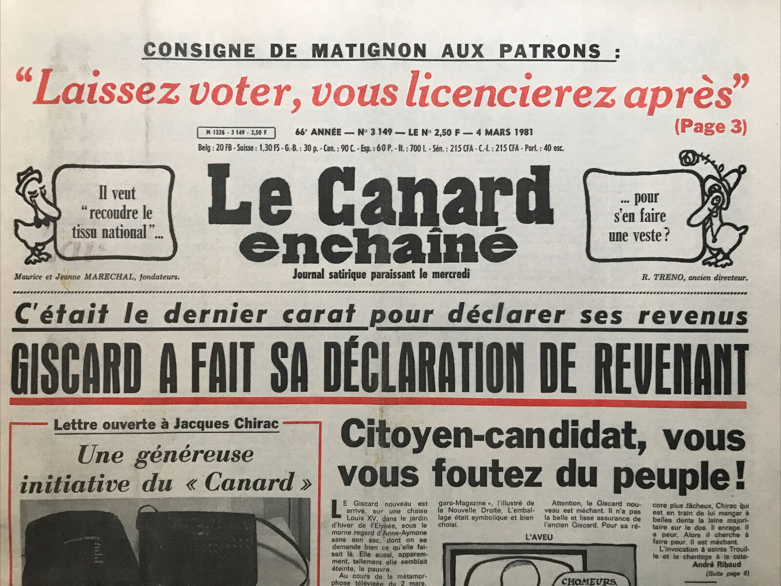 Couac ! | Acheter un Canard | Vente d'Anciens Journaux du Canard Enchaîné. Des Journaux Satiriques de Collection, Historiques & Authentiques de 1916 à 2004 ! | 3149