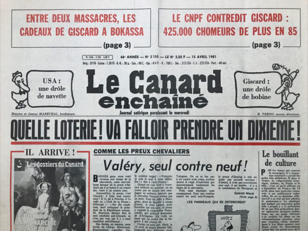 Couac ! | N° 3155 du Canard Enchaîné - 15 Avril 1981 | Nos Exemplaires du Canard Enchaîné sont archivés dans de bonnes conditions de conservation (obscurité, hygrométrie maitrisée et faible température), ce qui s'avère indispensable pour des journaux anciens. | 3155