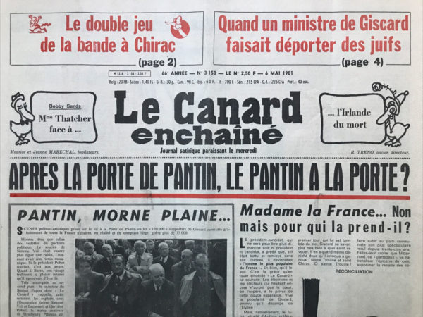 Couac ! | N° 3158 du Canard Enchaîné - 6 Mai 1981 | Le 6 Mai 1981, la parution d’un article dans « Le Canard enchaîné » va mettre un terme à la carrière politique de Maurice Papon alors ministre du budget de Valéry Giscard d’Estaing Le Canard enchaîné va dévoiler son passé collaborationniste : en 1942, Maurice Papon est secrétaire général de la préfecture de la Gironde et il signe directement des ordres d’arrestations de juifs. Le Canard enchaîné publie deux documents signés de la main du ministre pendant la Seconde Guerre mondiale. L’article, signé Nicolas Brimo, va faire l’objet d’une bombe entre les deux tours de l’élection présidentielle de 1981. Le 8 mars 1983, Maurice Papon est inculpé de crime contre l’humanité. En 1998, il est condamné pour avoir organisé la déportation de Juifs bordelais pendant l’Occupation. | 3158