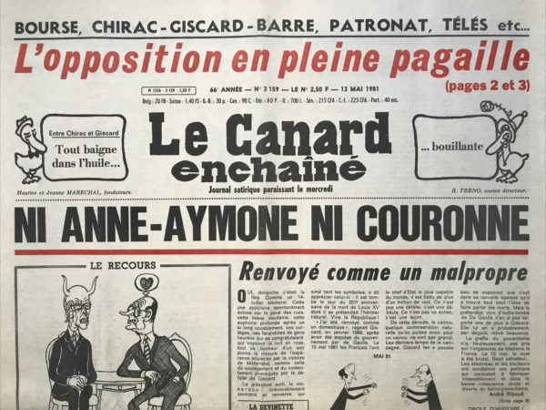 Couac ! | N° 3159 du Canard Enchaîné - 13 Mai 1981 | Giscard battu par Mitterrand : Ni Anne-Aymone ni couronne - Affaire Papon : Des poux et des hommes, où Papon reconnaît avoir diligenté le contrôle fiscal au "Canard" - | 3159