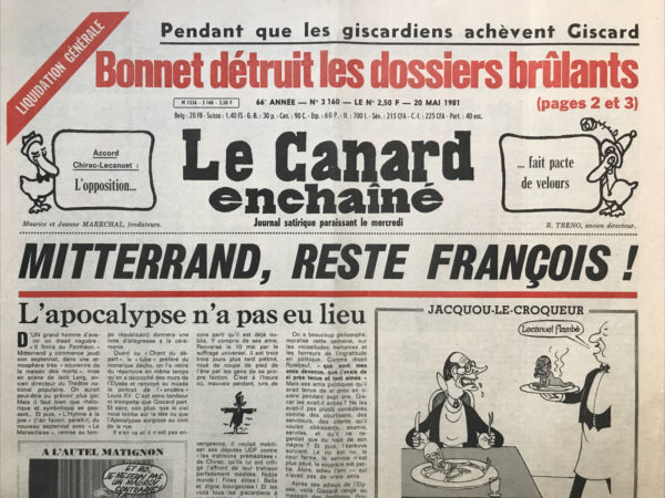 Couac ! | N° 3160 du Canard Enchaîné - 20 Mai 1981 | Nos Exemplaires du Canard Enchaîné sont archivés dans de bonnes conditions de conservation (obscurité, hygrométrie maitrisée et faible température), ce qui s'avère indispensable pour des journaux anciens. | 3160