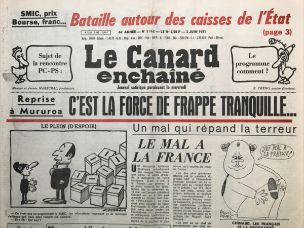 Couac ! | N° 3162 du Canard Enchaîné - 3 Juin 1981 | Nos Exemplaires du Canard Enchaîné sont archivés dans de bonnes conditions de conservation (obscurité, hygrométrie maitrisée et faible température), ce qui s'avère indispensable pour des journaux anciens. | 3162