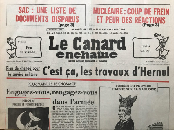 Couac ! | N° 3171 du Canard Enchaîné - 5 Août 1981 | Nos Exemplaires du Canard Enchaîné sont archivés dans de bonnes conditions de conservation (obscurité, hygrométrie maitrisée et faible température), ce qui s'avère indispensable pour des journaux anciens. | 3171