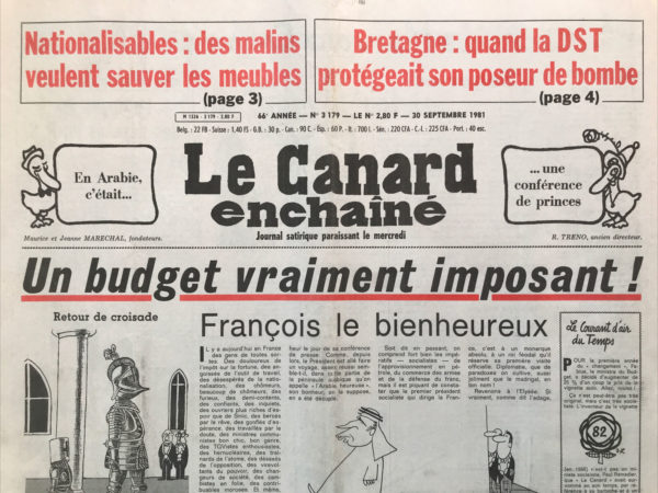 Couac ! | N° 3179 du Canard Enchaîné - 30 Septembre 1981 | Nos Exemplaires du Canard Enchaîné sont archivés dans de bonnes conditions de conservation (obscurité, hygrométrie maitrisée et faible température), ce qui s'avère indispensable pour des journaux anciens. | 3179