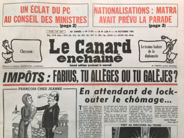 Couac ! | N° 3181 du Canard Enchaîné - 14 Octobre 1981 | Nos Exemplaires du Canard Enchaîné sont archivés dans de bonnes conditions de conservation (obscurité, hygrométrie maitrisée et faible température), ce qui s'avère indispensable pour des journaux anciens. | 3181