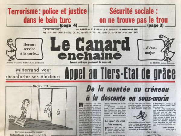 Couac ! | N° 3186 du Canard Enchaîné - 18 Novembre 1981 | Nos Exemplaires du Canard Enchaîné sont archivés dans de bonnes conditions de conservation (obscurité, hygrométrie maitrisée et faible température), ce qui s'avère indispensable pour des journaux anciens. | 3186