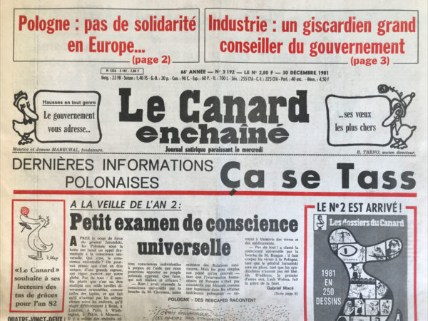 Couac ! | N° 3192 du Canard Enchaîné - 30 Décembre 1981 | Nos Exemplaires du Canard Enchaîné sont archivés dans de bonnes conditions de conservation (obscurité, hygrométrie maitrisée et faible température), ce qui s'avère indispensable pour des journaux anciens. | 3192