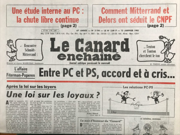 Couac ! | N° 3194 du Canard Enchaîné - 13 Janvier 1982 | Nos Exemplaires du Canard Enchaîné sont archivés dans de bonnes conditions de conservation (obscurité, hygrométrie maitrisée et faible température), ce qui s'avère indispensable pour des journaux anciens. | 3194