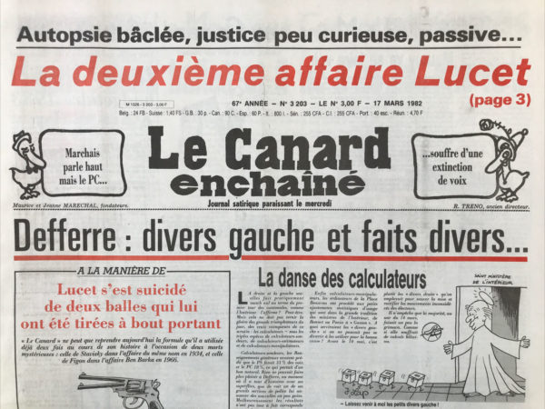 Couac ! | N° 3203 du Canard Enchaîné - 17 Mars 1982 | Nos Exemplaires du Canard Enchaîné sont archivés dans de bonnes conditions de conservation (obscurité, hygrométrie maitrisée et faible température), ce qui s'avère indispensable pour des journaux anciens. | 3203