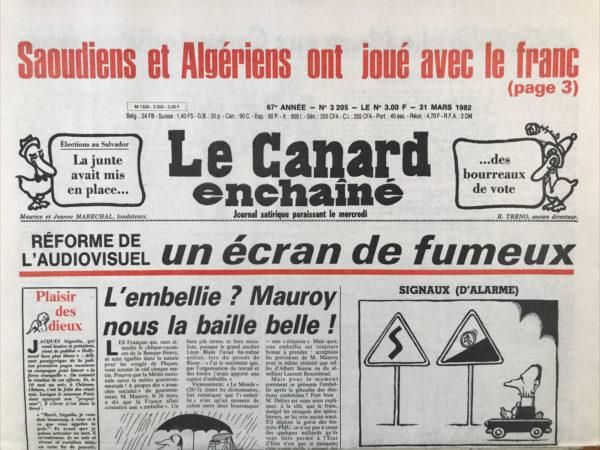 Couac ! | N° 3205 du Canard Enchaîné - 31 Mars 1982 | Nos Exemplaires du Canard Enchaîné sont archivés dans de bonnes conditions de conservation (obscurité, hygrométrie maitrisée et faible température), ce qui s'avère indispensable pour des journaux anciens. | 3205