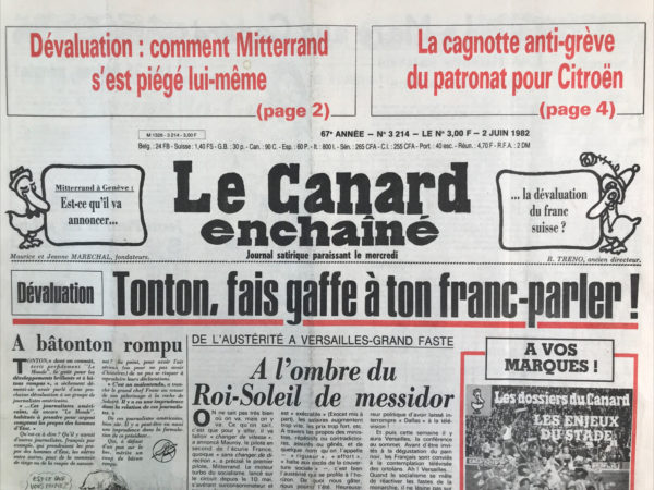 Couac ! | N° 3214 du Canard Enchaîné - 2 Juin 1982 | Nos Exemplaires du Canard Enchaîné sont archivés dans de bonnes conditions de conservation (obscurité, hygrométrie maitrisée et faible température), ce qui s'avère indispensable pour des journaux anciens. | 3214