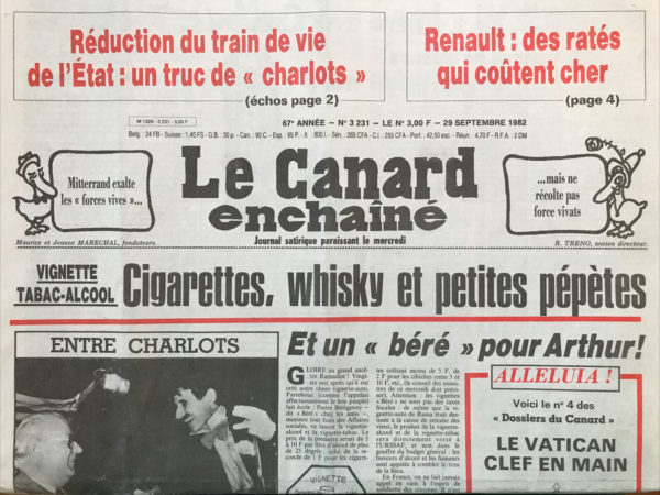 Couac ! | N° 3231 du Canard Enchaîné - 29 Septembre 1982 | Nos Exemplaires du Canard Enchaîné sont archivés dans de bonnes conditions de conservation (obscurité, hygrométrie maitrisée et faible température), ce qui s'avère indispensable pour des journaux anciens. | 3231