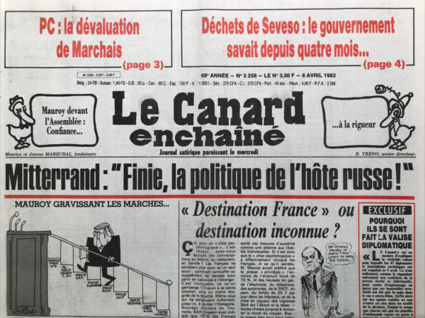 Couac ! | N° 3258 du Canard Enchaîné - 6 Avril 1983 | Nos Exemplaires du Canard Enchaîné sont archivés dans de bonnes conditions de conservation (obscurité, hygrométrie maitrisée et faible température), ce qui s'avère indispensable pour des journaux anciens. | 3258