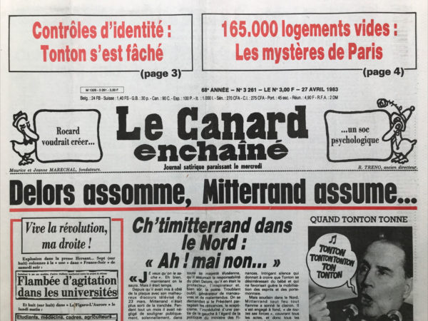 Couac ! | N° 3261 du Canard Enchaîné - 27 Avril 1983 | Nos Exemplaires du Canard Enchaîné sont archivés dans de bonnes conditions de conservation (obscurité, hygrométrie maitrisée et faible température), ce qui s'avère indispensable pour des journaux anciens. | 3261