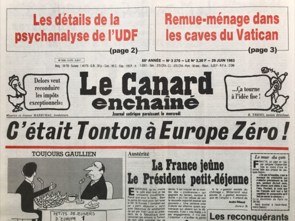 Couac ! | N° 3270 du Canard Enchaîné - 29 Juin 1983 | Nos Exemplaires du Canard Enchaîné sont archivés dans de bonnes conditions de conservation (obscurité, hygrométrie maitrisée et faible température), ce qui s'avère indispensable pour des journaux anciens. | 3270